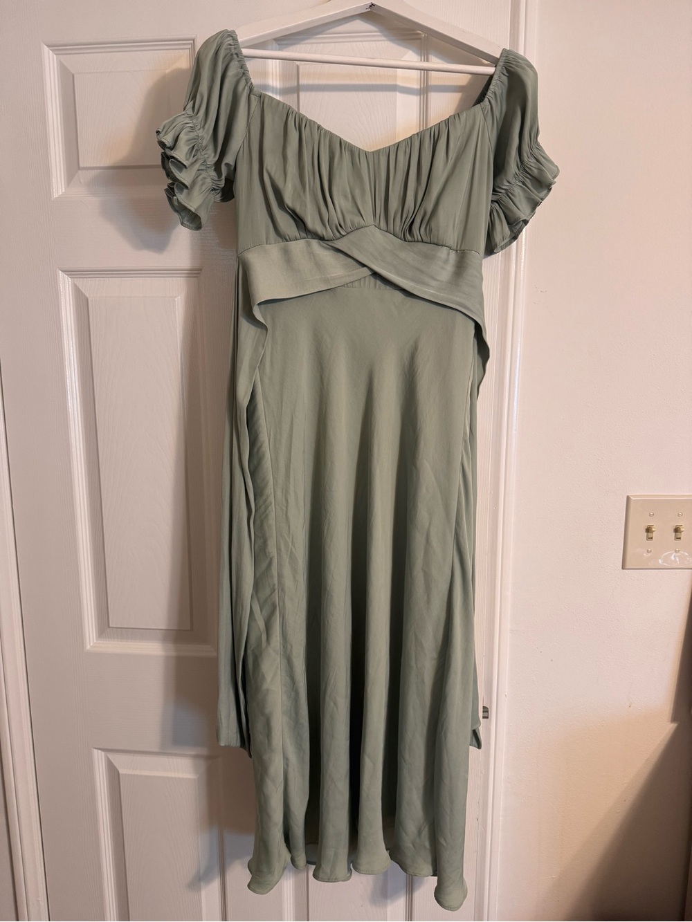 Off-Shoulder Midi Dress in Sage Green